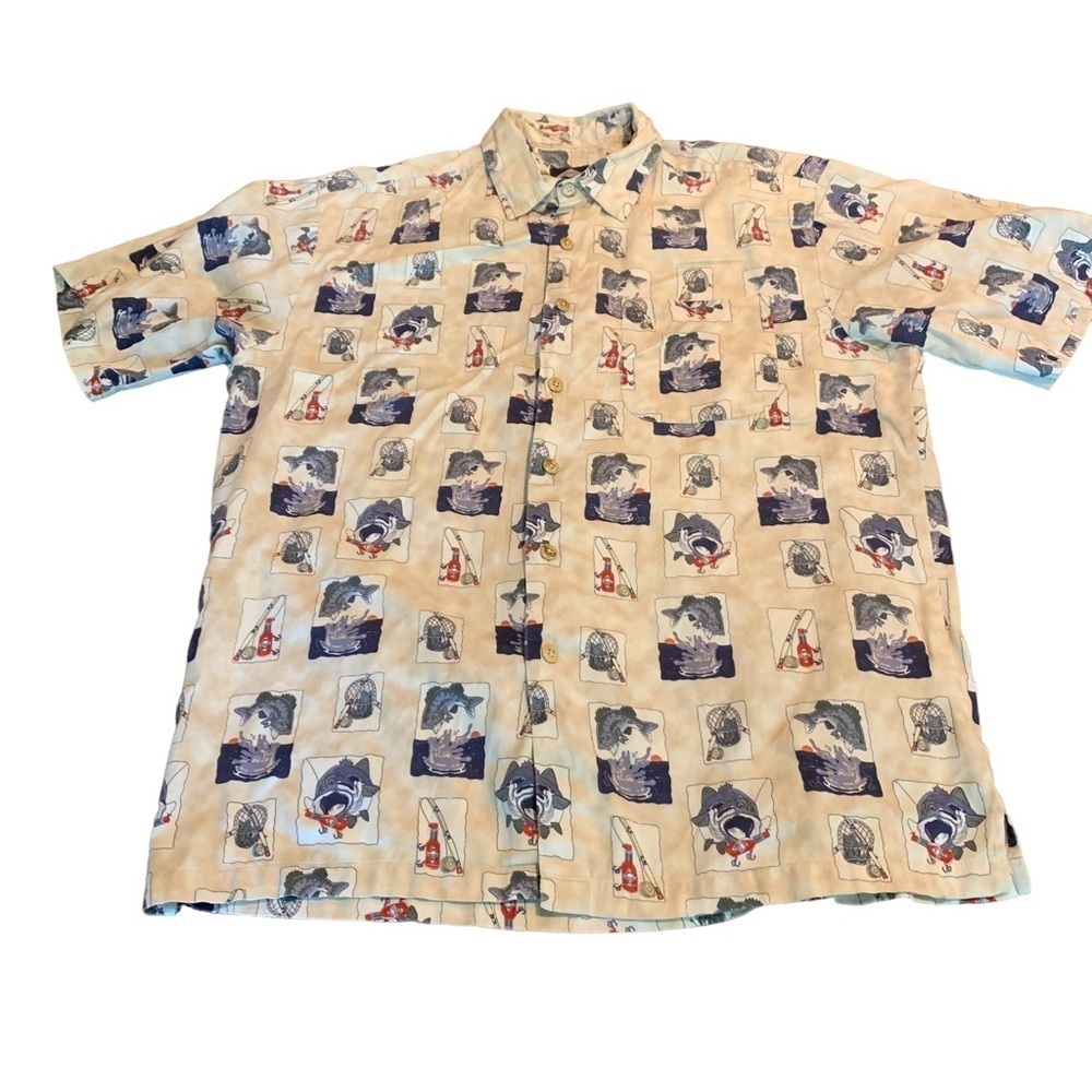 Vintage Tabasco Sportswear Men’s All over Print Fishing Angler Button Up Shirt L